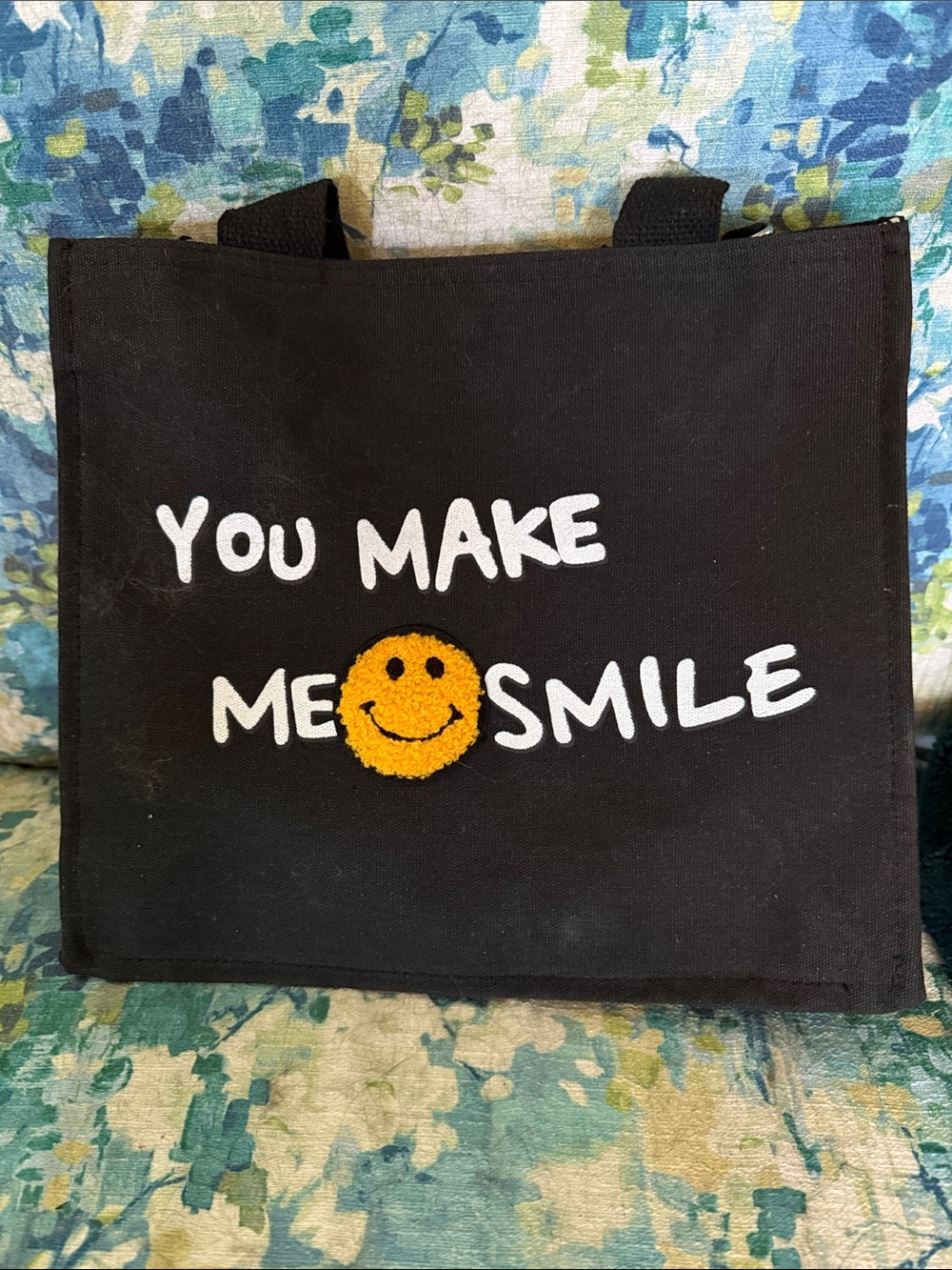Black 'You Make Me Smile' Tote with Yellow Smile Patch